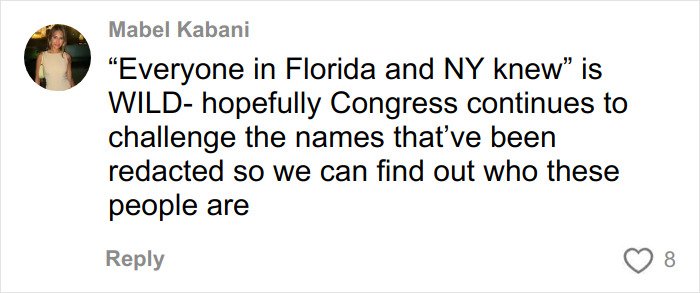 Comment by Mabel Kabani discussing public awareness and congressional challenges related to Epstein investigation and Ghislaine.