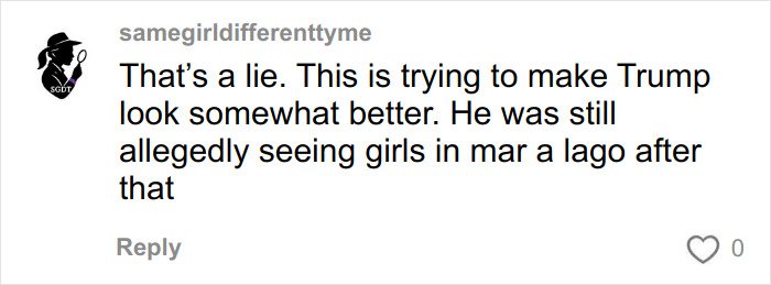 Comment on social media claiming Trump still saw girls in Mar-a-Lago amid Epstein investigation details in FBI documents.