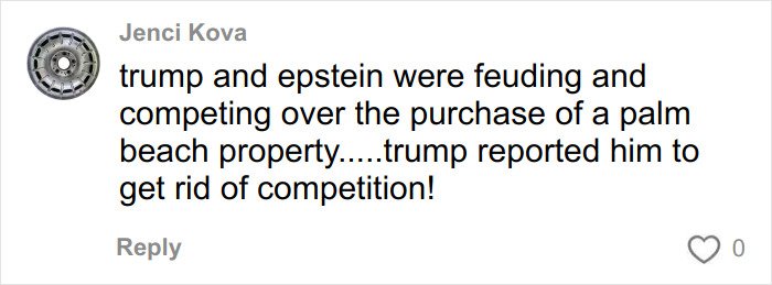 Comment mentioning Trump and Epstein feuding over a Palm Beach property amid Epstein investigation revealed in FBI docs.