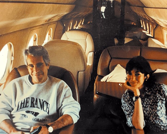 Man and woman seated inside private jet with interior highlighting sulfuric acid investigation and Epstein Island probe context.