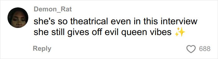 Screenshot of a social media comment praising the ex-Disneyland Evil Queen for her theatrical and authentic evil queen vibes.