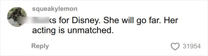 Screenshot of a social media comment praising the ex-Disneyland Evil Queen’s unmatched acting skills amid controversy.