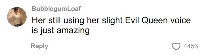 Comment praising the person’s slight Evil Queen voice, shared in a post related to Ex-Disneyland Evil Queen.