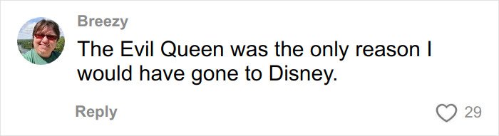 Comment by user Breezy stating the Evil Queen was the main reason they wanted to visit Disneyland, with 29 likes.