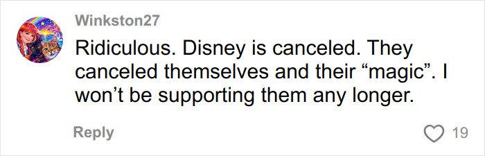Comment expressing frustration over Disney's cancellation and loss of support for the company’s “magic.”