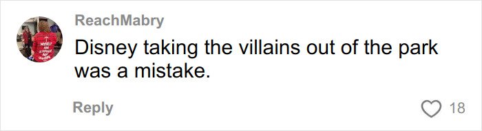 Comment on social media criticizing Disney’s decision to remove villains from the park shared by an Ex-Disneyland Evil Queen.