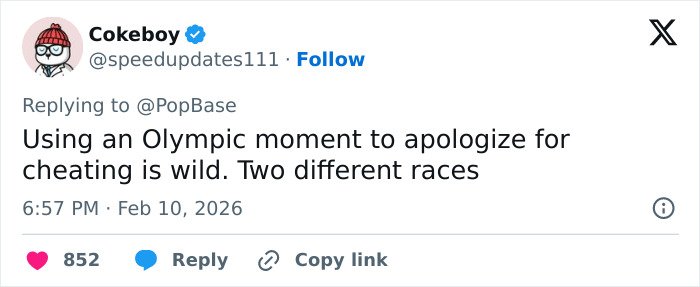 Tweet from user Cokeboy discussing an Olympic medalist&rsquo;s shocking confession about cheating after victory.