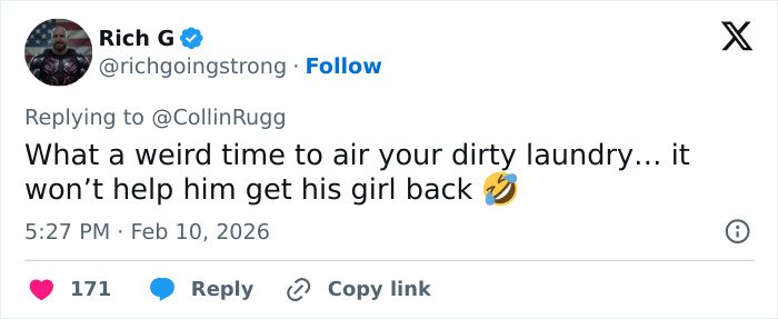 Screenshot of a social media reply reacting to an Olympic medalist&rsquo;s shocking confession about cheating on girlfriend.
