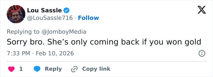 Tweet by Lou Sassle replying to @JomboyMedia, mentioning a gold medal win in relation to Olympic medalist cheating confession.