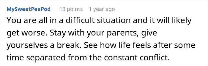 Screenshot of an online comment advising to stay with parents and take a break amid a man’s marriage on the rocks after learning about a 12YO daughter.