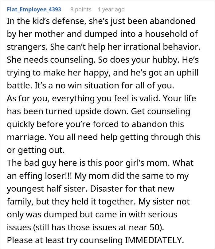 Comment discussing counseling and challenges in a man’s marriage on the rocks after learning about his 12-year-old daughter.