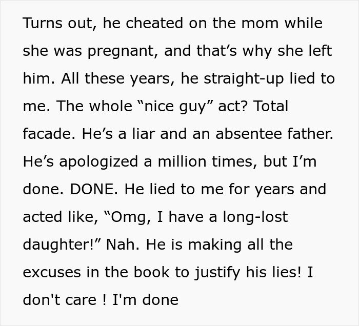 Text excerpt revealing a man’s marriage troubles after discovering he has a 12-year-old daughter and years of lies.