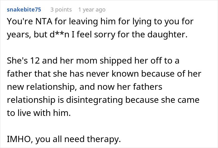 Screenshot of an online forum post discussing a man’s marriage on the rocks after discovering he has a 12-year-old daughter.