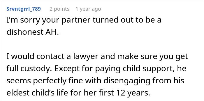 Screenshot of a Reddit comment discussing a man’s marriage on the rocks after learning he has a 12-year-old daughter.