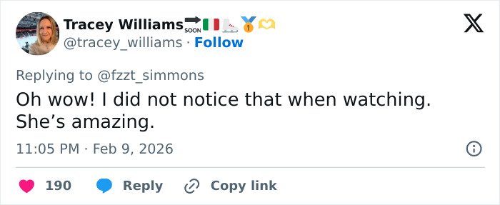Tweet showing a fan praising an Olympic ice skater’s incredible save after a wardrobe malfunction during her routine.