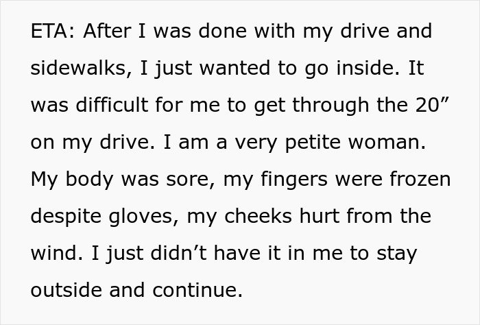 Alt text: Woman refuses to lend her new snow blower to a neighbor she never met before in a cold snowy setting