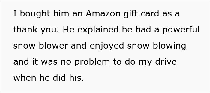 Text excerpt about a woman’s neighbor explaining his powerful snow blower and helping with snow blowing duties.