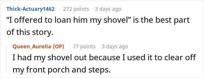 Screenshot of online conversation about lending a shovel while discussing a woman refusing to lend her new snow blower.