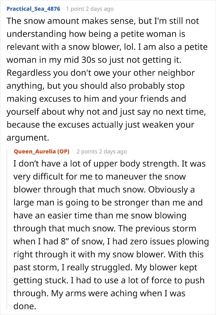 Comment discussion about woman struggling with her new snow blower and refusing to lend it to a neighbor she never met before.