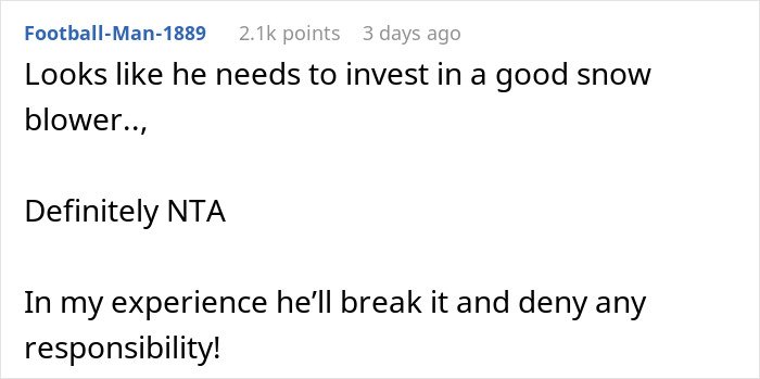 Reddit comment about woman refusing to lend her new snow blower to a neighbor she never met before.