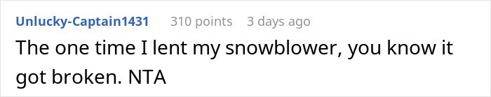 Comment on a forum discussing a woman refusing to lend her new snow blower to an unknown neighbor.