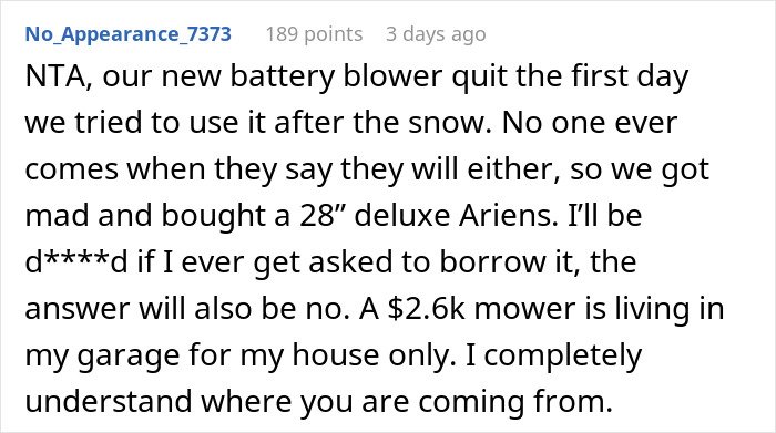 Comment discussing refusal to lend a new snow blower, expressing strong personal boundaries with neighbors.