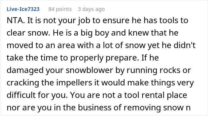Screenshot of a Reddit comment discussing a woman refusing to lend her new snow blower to a neighbor she never met.