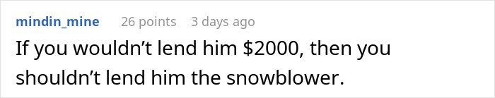 Comment text discussing a woman refusing to lend her new snow blower to a neighbor she never met before.