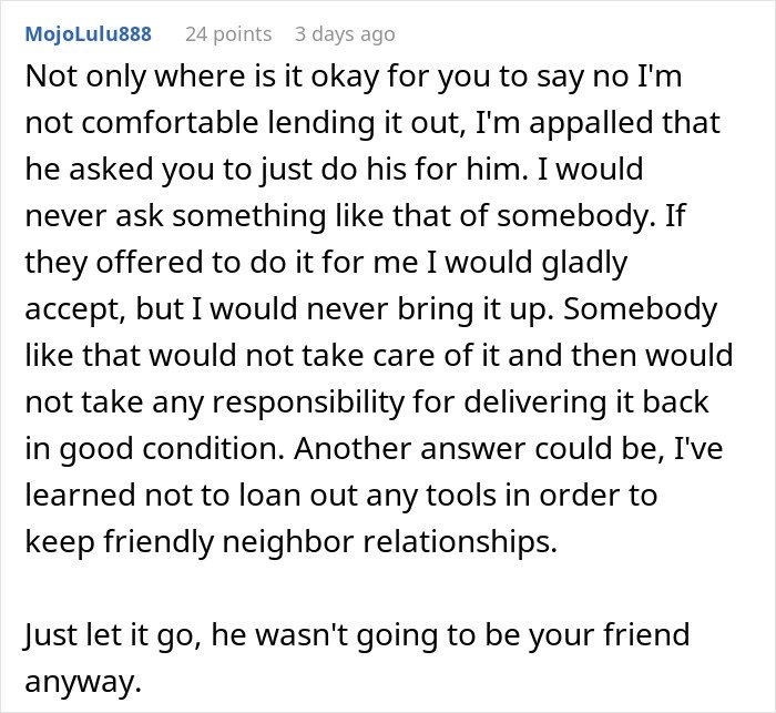 Comment discussing woman refusing to lend her new snow blower to an unfamiliar neighbor to maintain good neighborly relations.