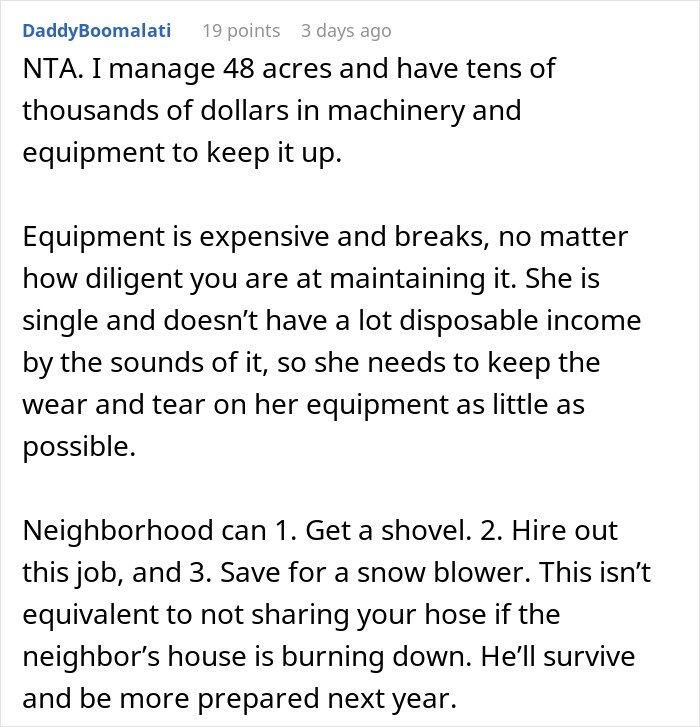 Comment explaining why a woman refuses to lend her new snow blower to a neighbor she never met before.