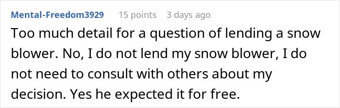 Screenshot of an online comment discussing a woman refusing to lend her new snow blower to a neighbor she never met before.