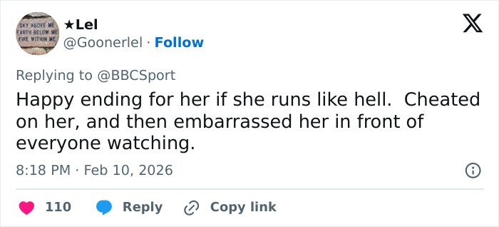 Tweet criticizing Olympian who confessed to cheating live on TV, highlighting girlfriend's public pain and embarrassment.