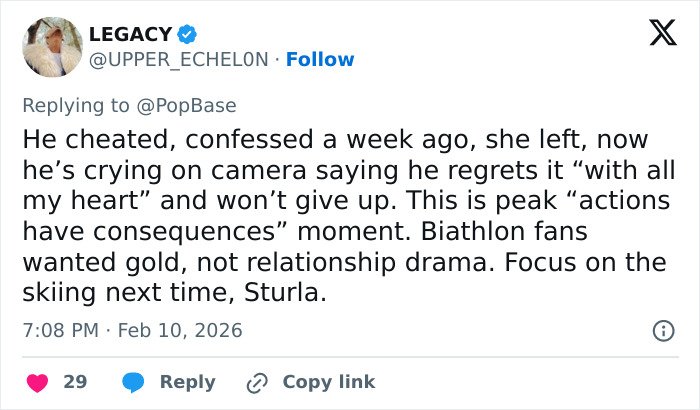 Tweet about Olympian's cheating confession, girlfriend's pain, and public reaction from biathlon fans on relationship drama.