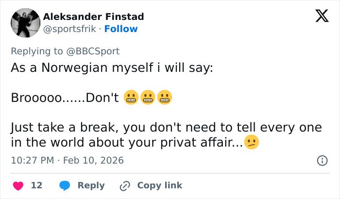 Tweet expressing opinion on Olympian cheating scandal, advising to take a break from sharing private affairs publicly.