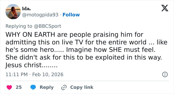 Screenshot of a tweet expressing sympathy for the girlfriend of an Olympian who confessed to cheating live on TV.