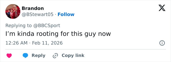 Twitter user Brandon expressing support for Olympian after cheating confession during live TV interview