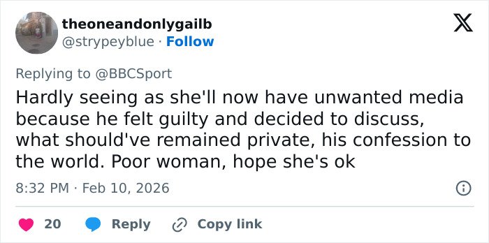 Twitter reply expressing concern for the girlfriend of an Olympian who confessed to cheating live on TV.