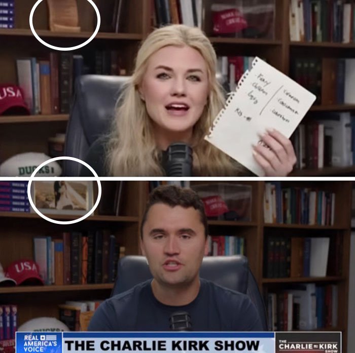 Erika Kirk and Charlie Kirk in his office with bookshelves and personalized decor changes in the background.