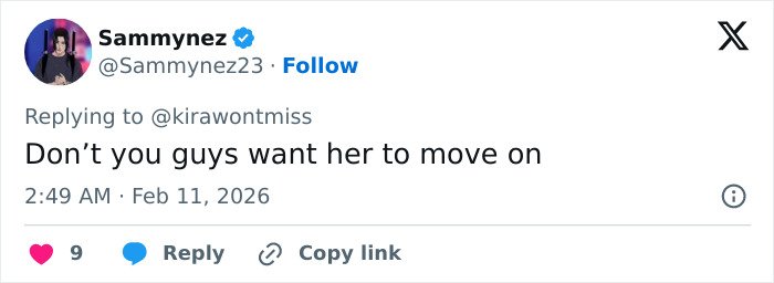 Twitter reply from user Sammynez discussing Erika Kirk's relationship with Charlie after fans noticed office changes.