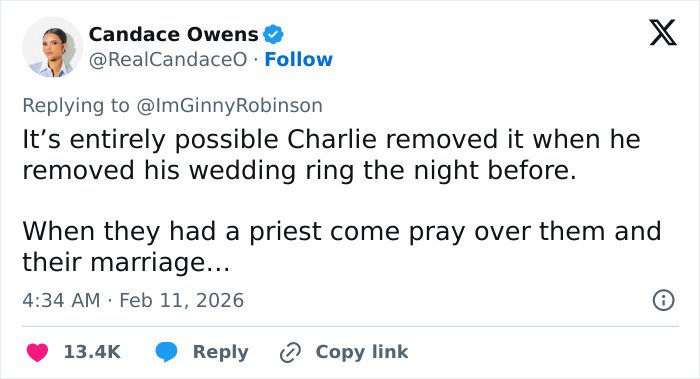 Tweet discussing Charlie removing his wedding ring, relating to Erika Kirk's relationship and changes in his office environment.