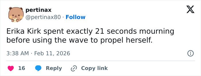 Tweet about Erika Kirk's brief mourning and moving on, highlighting fans' scrutiny of her relationship with Charlie.