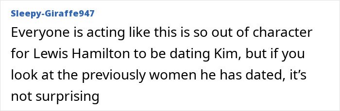 Text post by user Sleepy-Giraffe947 discussing Lewis Hamilton and Kim Kardashian’s relationship and past partners.