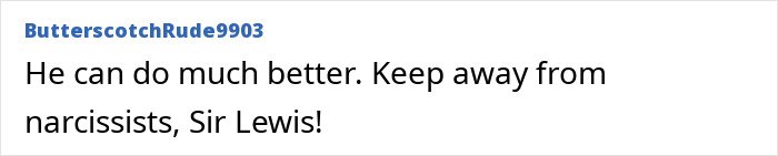 Comment text on a white background reading He can do much better Keep away from narcissists Sir Lewis featuring body language expert SEO keywords.