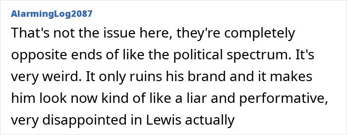 Screenshot of a user comment discussing Lewis Hamilton, relevant to body language expert analysis of tightly controlled moves.