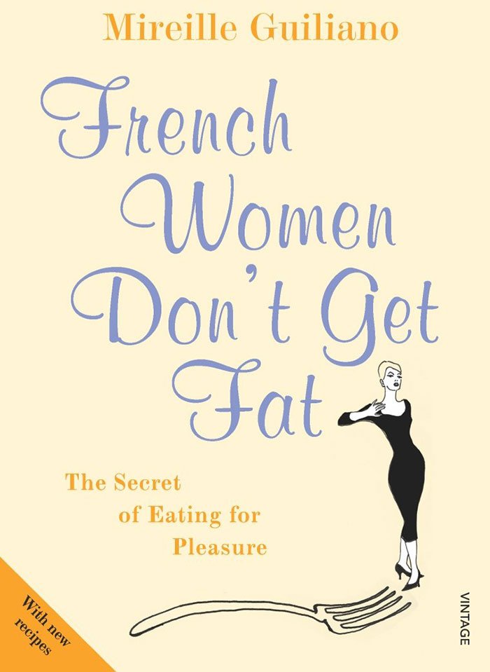 Book cover for French Women Don’t Get Fat by Mireille Guiliano with illustration of a woman in black dress and a fork.