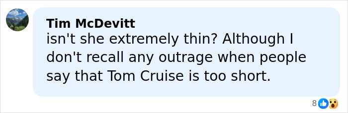 Comment by Tim McDevitt questioning Margot Robbie's thinness while comparing public reactions to Tom Cruise's height.