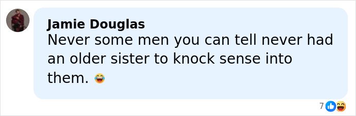 Comment by Jamie Douglas about men and older sisters, with laughing emoji reacting to Margot Robbie gift controversy.