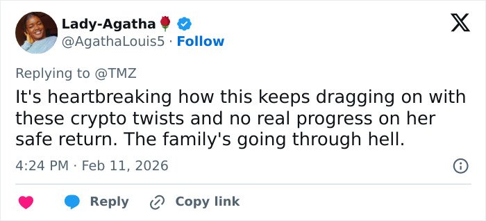 Tweet from Lady-Agatha expressing heartbreak over crypto twists and no progress on Nancy Guthrie’s safe return amid ransom note bitcoin demand.