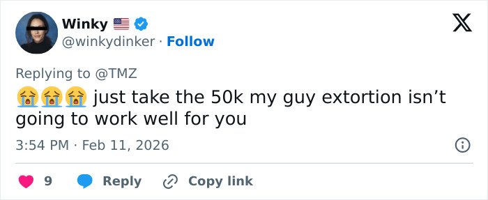 Screenshot of a social media reply mentioning a ransom note demanding 50k in bitcoin for payment.