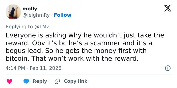 Tweet discussing a scammer demanding bitcoin as ransom in a new Nancy Guthrie ransom note situation.